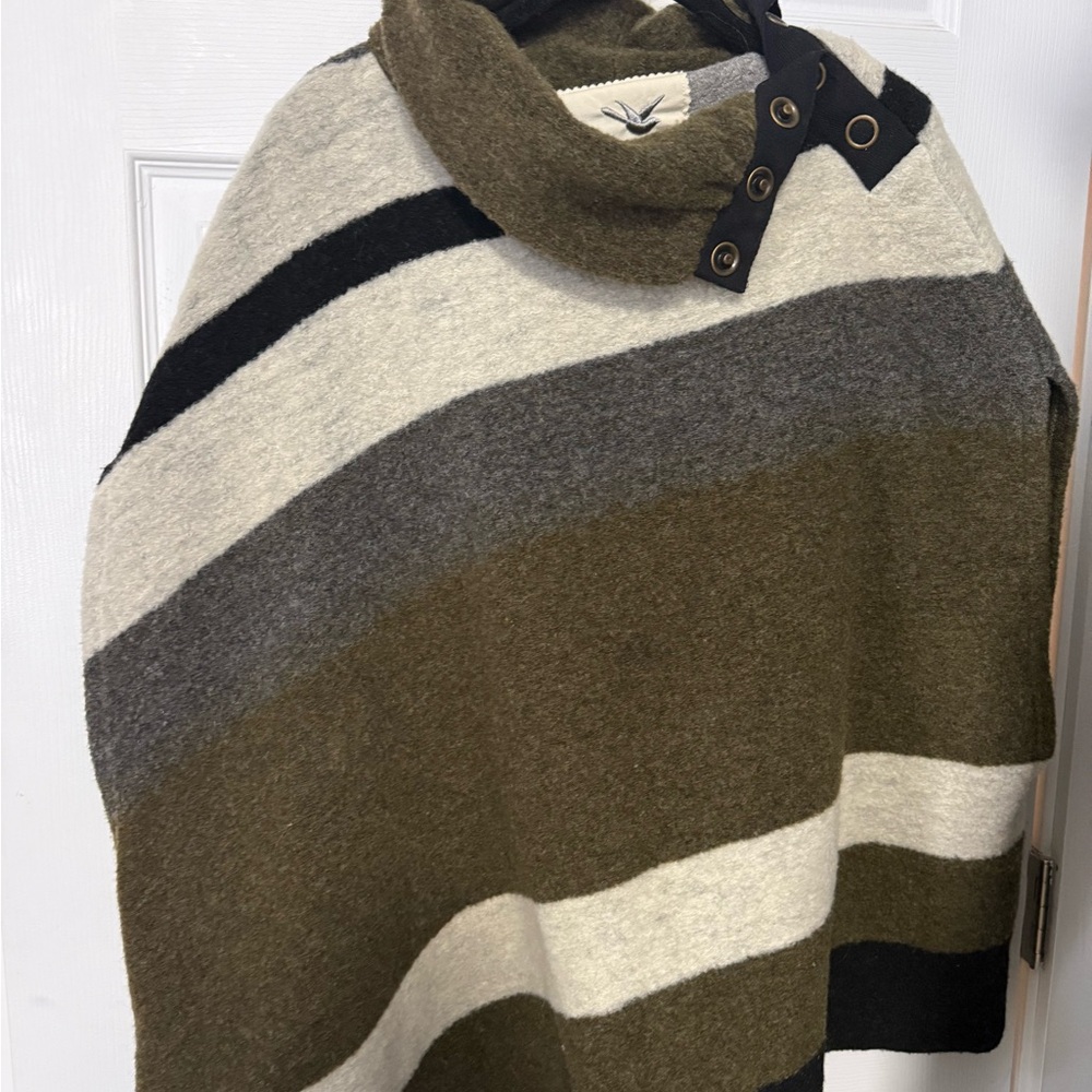 Tabitha Olive, Gray and Black Striped Knit Poncho